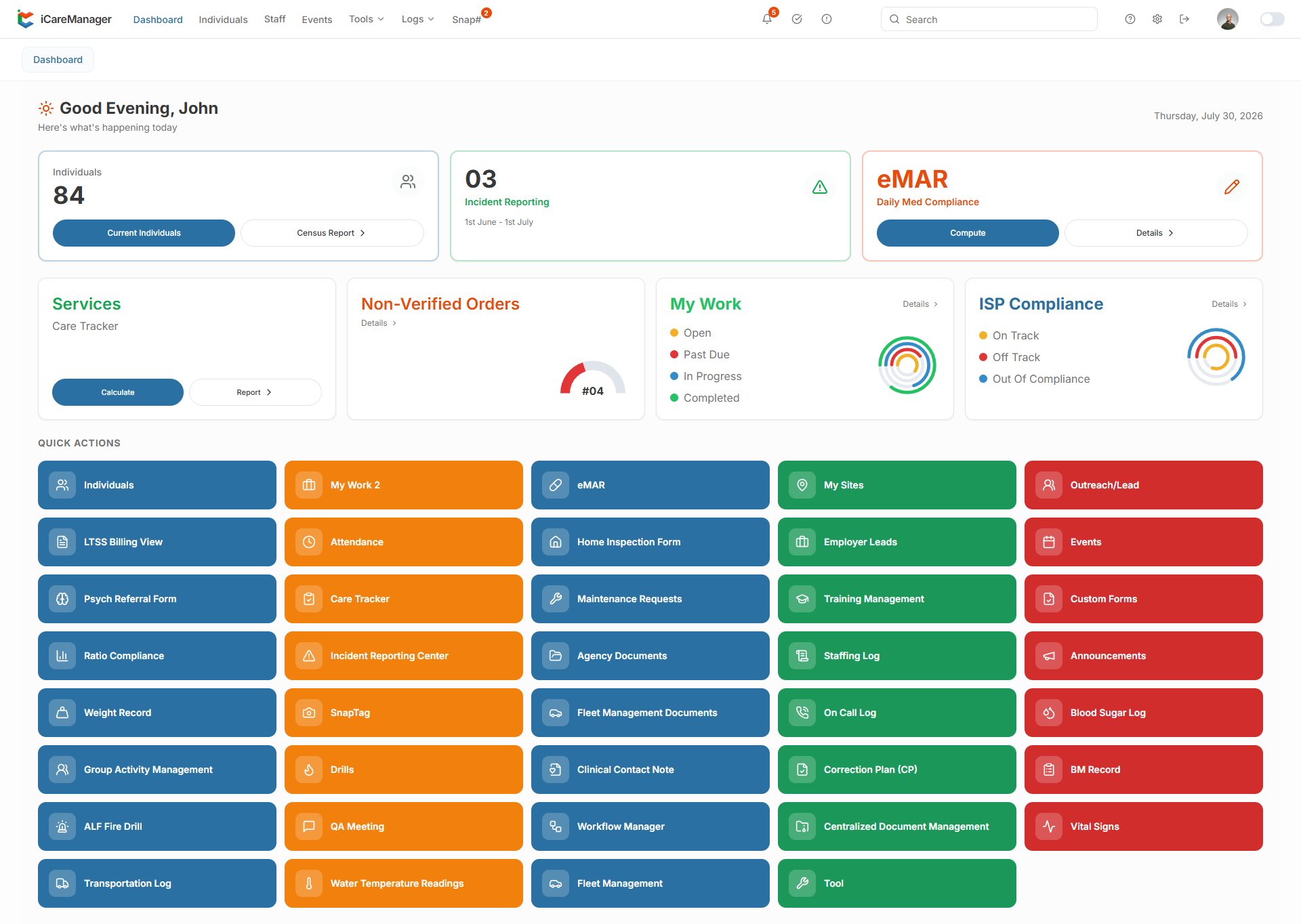 iCareManager dashboard showing care plans, goal progress, and upcoming tasks on a desktop screen
