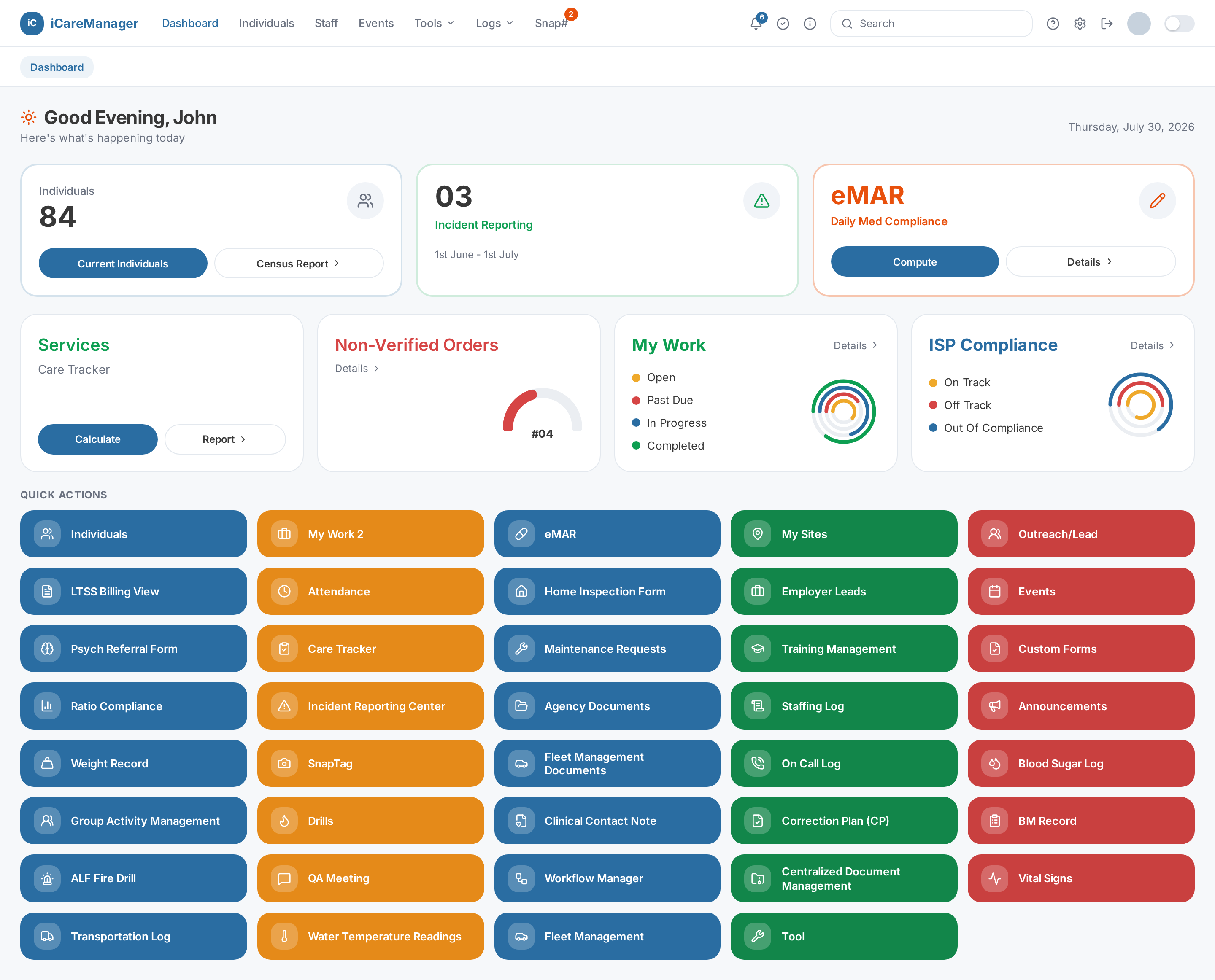 iCareManager product dashboard showing individuals, incident reporting, eMAR compliance and quick actions